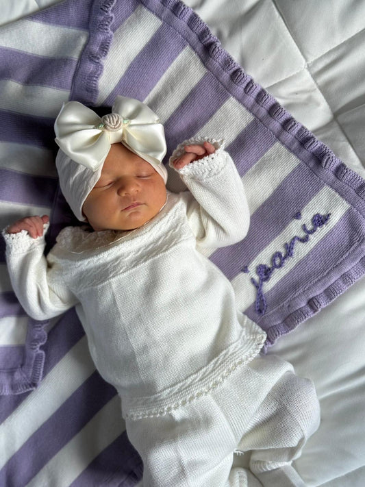 Lilac stripe frill blanket - NAME ONLY