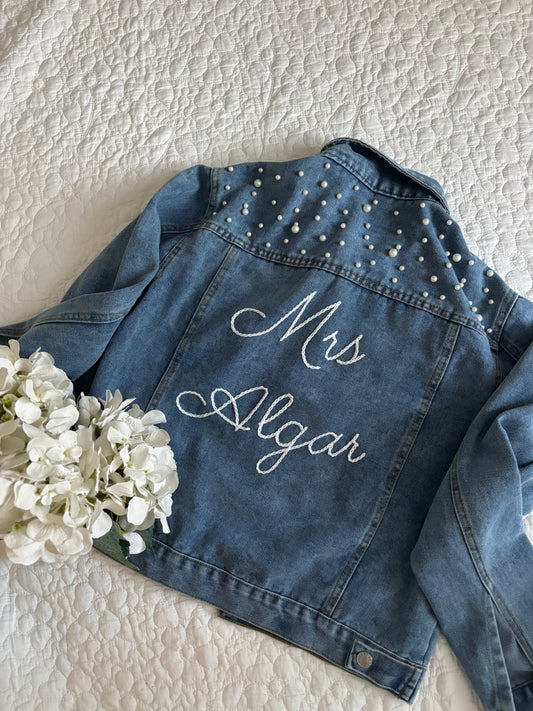 “Mrs Surname” pearl detail denim jacket