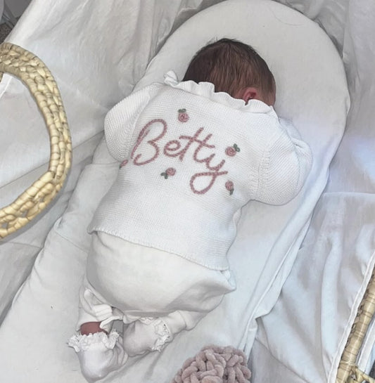 Frill neck white personalised cardigan - ROSEBUDS
