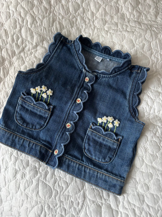 Scallop denim gilet - name and pocket flowers