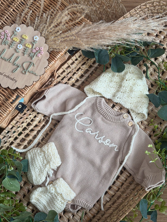 mocha personalised long sleeve knitted romper