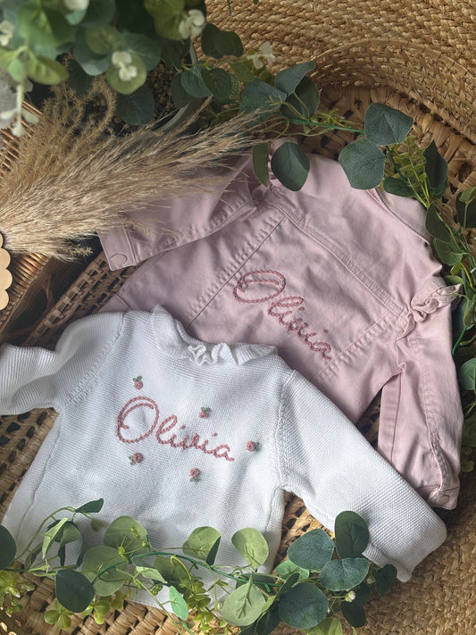 pink frill shoulder personalised denim jacket